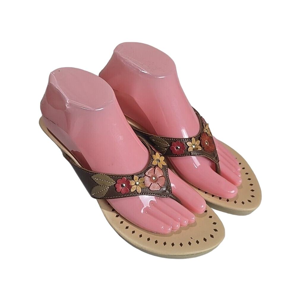 VTG Y2K Nobo Carmela Brown Leather Floral Slip On Thong Sandals Womans Size 8